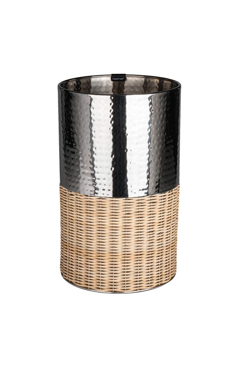 HAPPIMESS Asher Modern 2-Tone Faux Wicker/Metal Cylinder Waste Basket, Main, color, Chrome/Natural