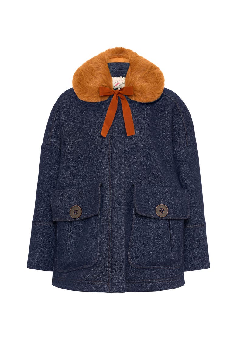 Double Coat In Jeans Look With Fake Fur Collar, Main, color, Denim Blue