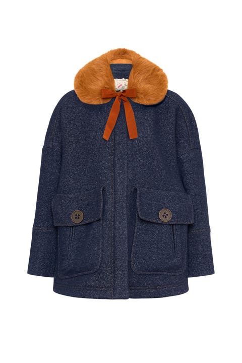 Double Coat In Jeans Look With Fake Fur Collar