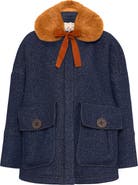 Maison Common Double Coat In Jeans Look With Fake Fur Collar