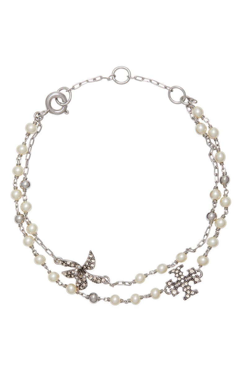 Tory Burch Moondance Multistrand Faux Pearl Bracelet, Main, color, Tory Silver / Pearl / Crystal