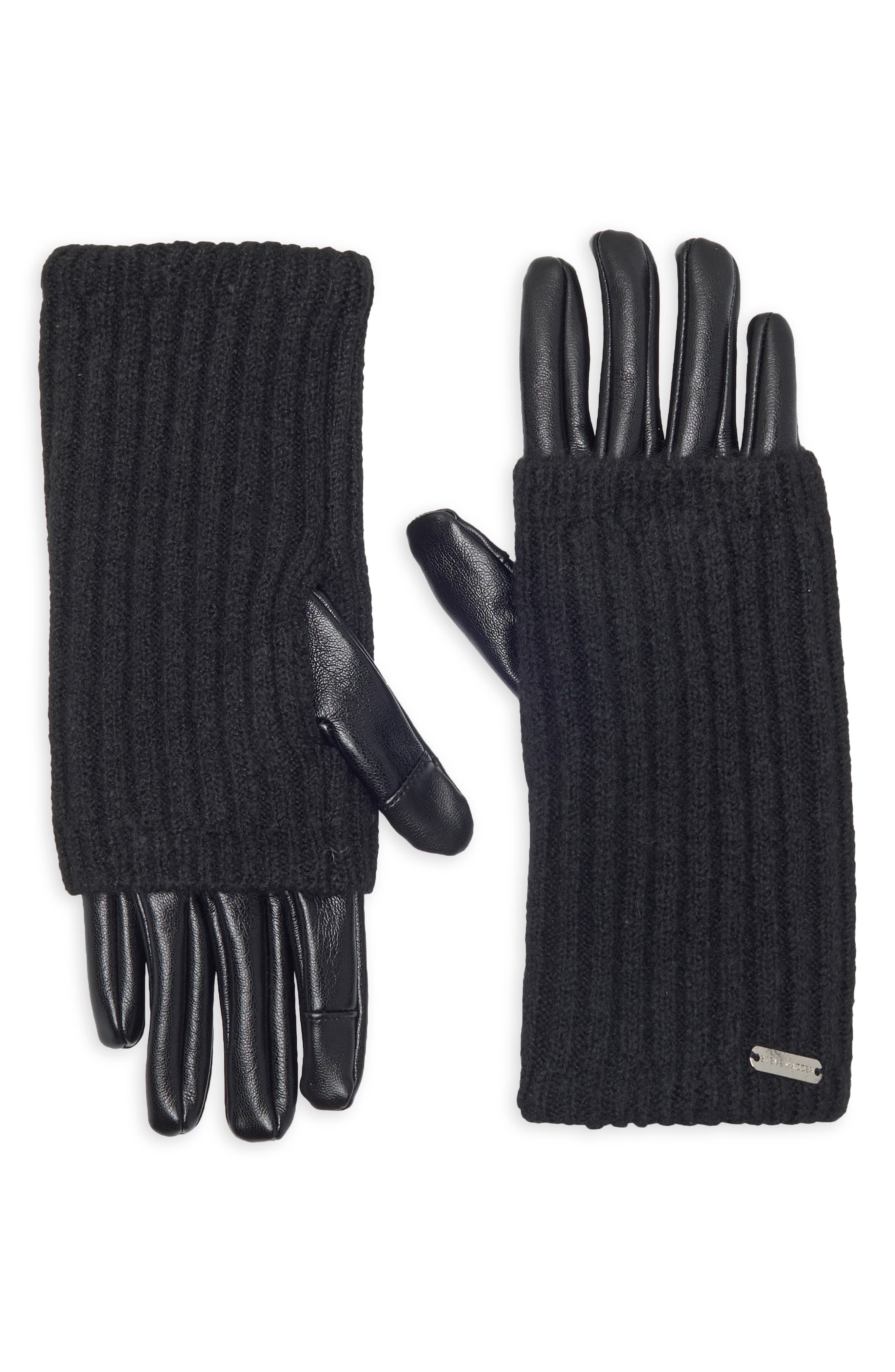 Faux Leather Ribbed Knit Gloves