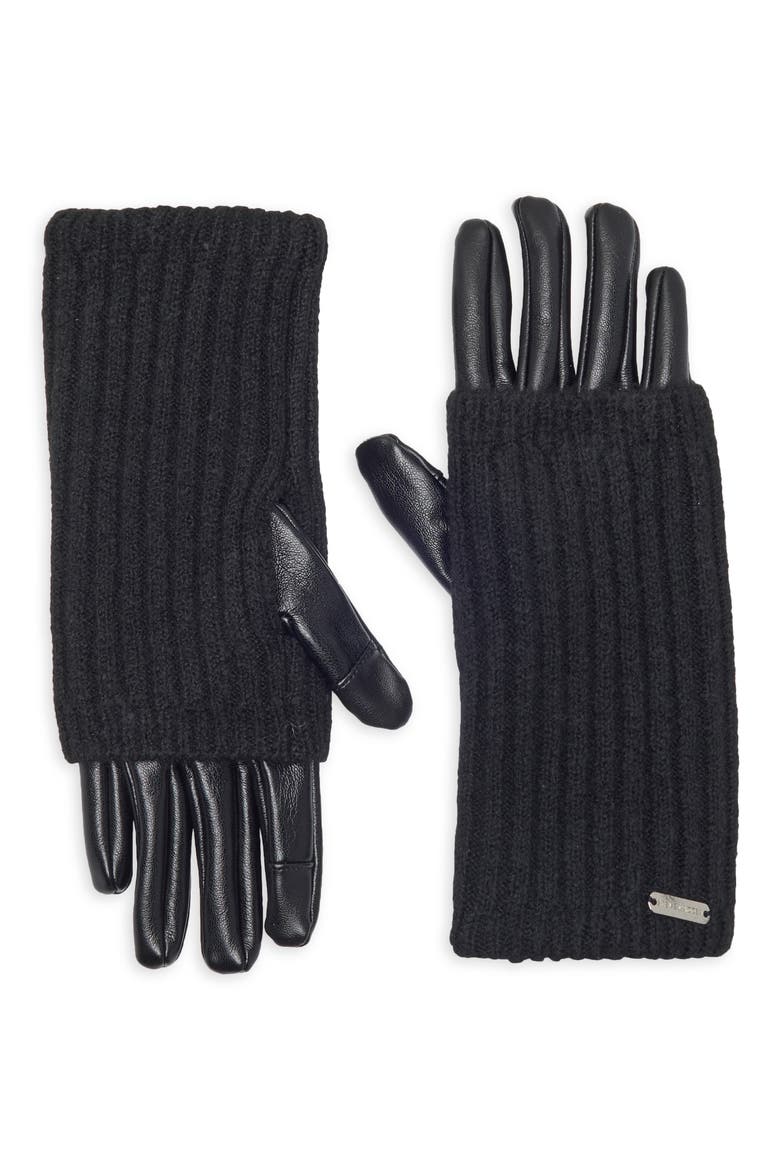 Faux Leather Ribbed Knit Gloves, Main, color, BLACK