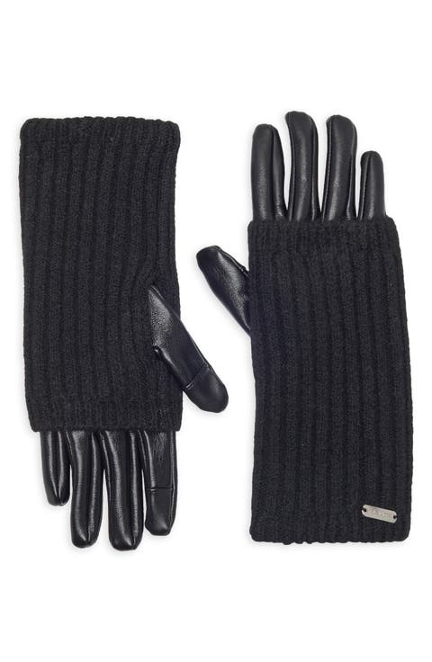 Faux Leather Ribbed Knit Gloves