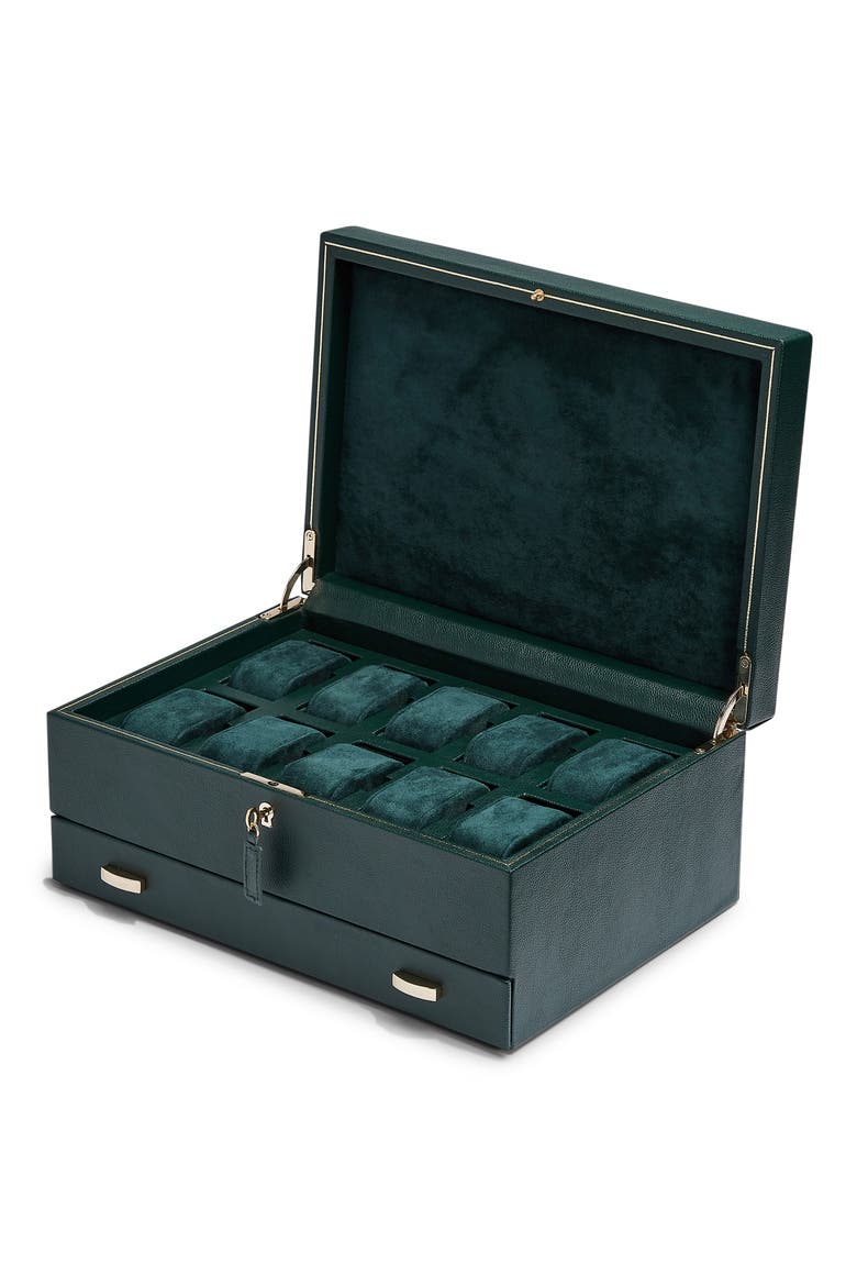 British Racing 10 Piece Watch Box with Drawer, Alternate, color, GREEN