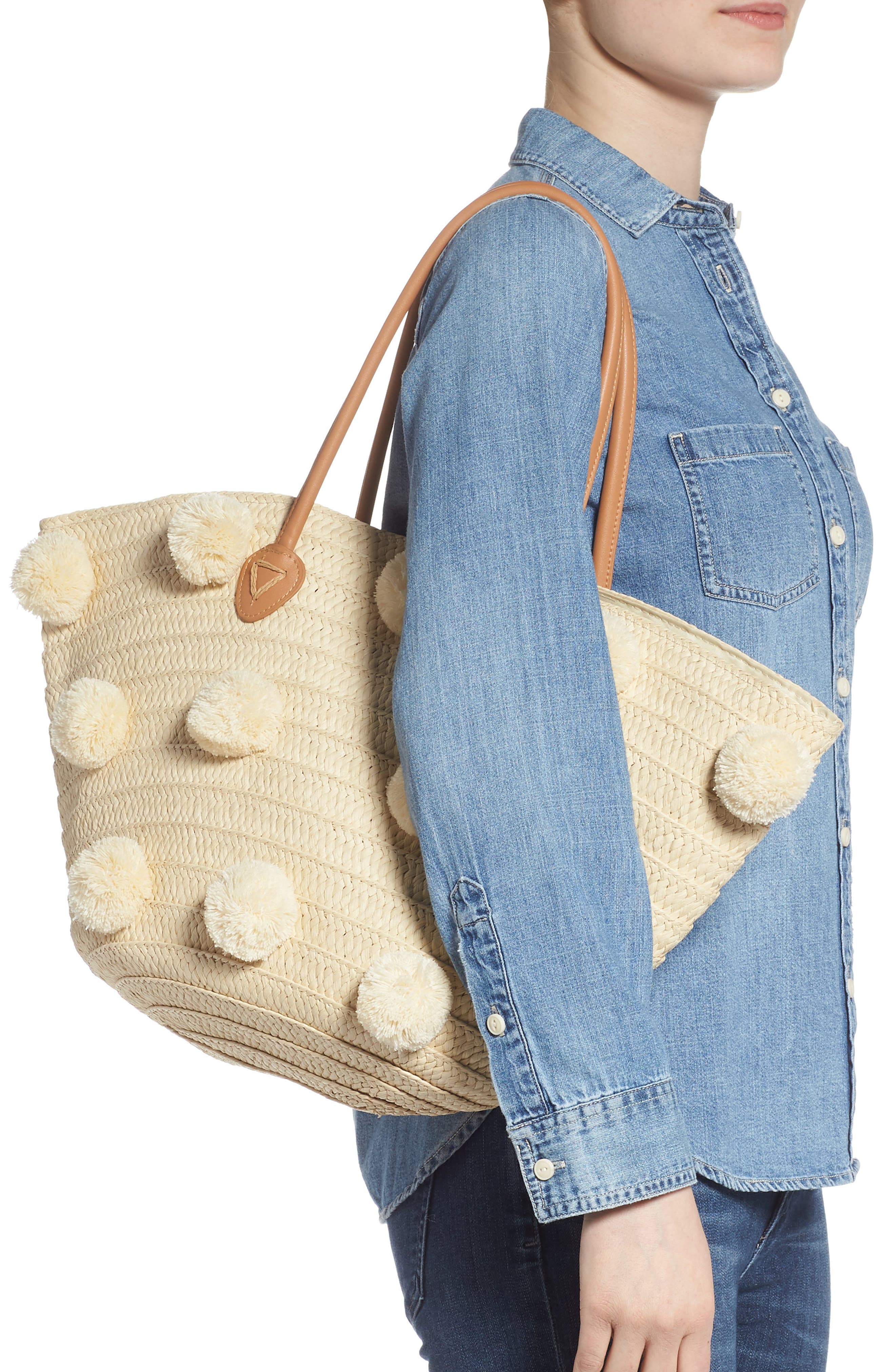 Klo Pompom Straw Tote, Alternate, color, IVORY