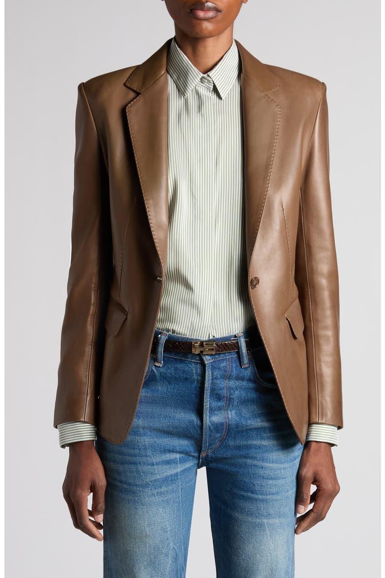 Guanteria Single Breasted Leather Blazer, Main, color, TAUPE