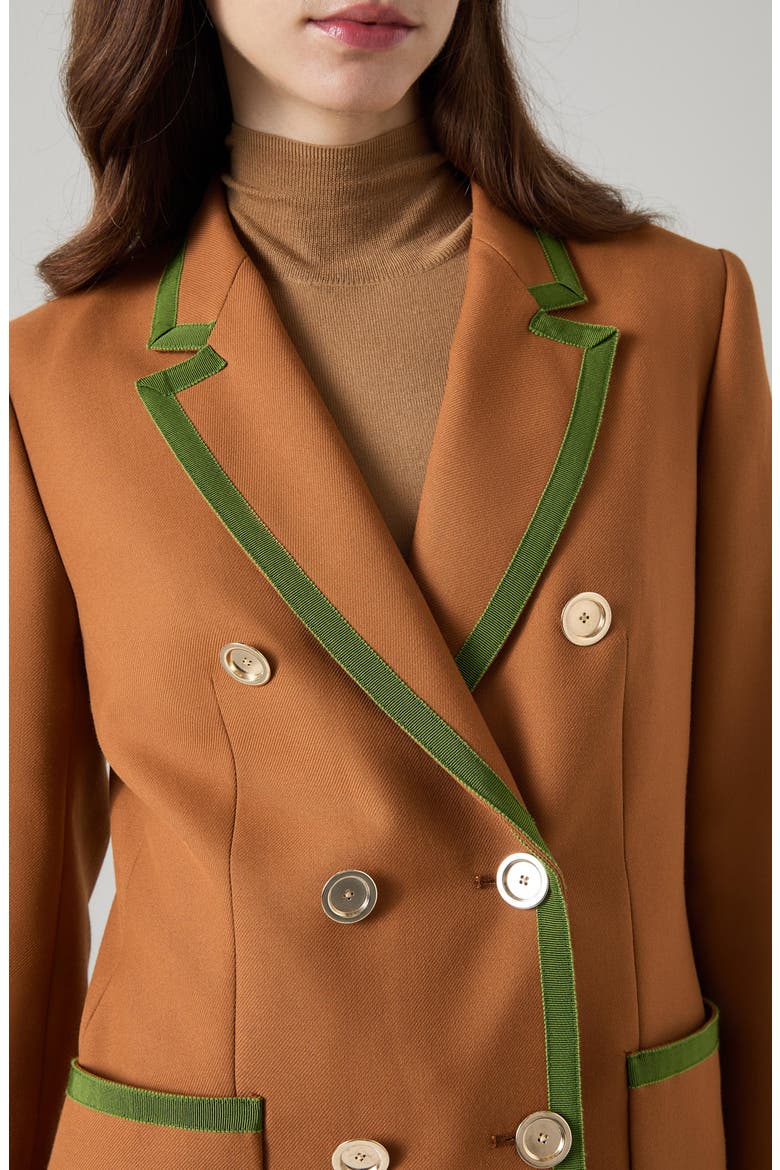 Cordelia Grosgrain Trim Double Breasted Blazer, Alternate, color, BROWN