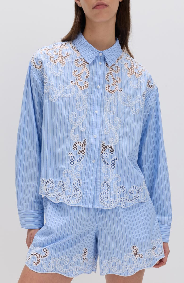 M&S Stripe Embroidered Button-Up Shirt, Main, color, Blue/ Multi