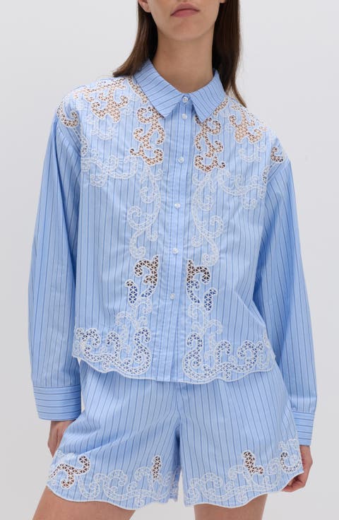 Stripe Embroidered Button-Up Shirt