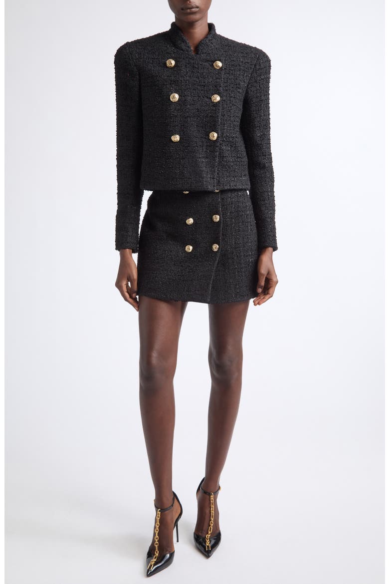 Crop Double Breasted Cotton Blend Tweed Jacket, Alternate, color, 0PA BLACK