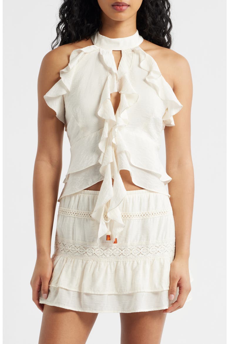Ruffle Trim Halter Top, Main, color, EGRET