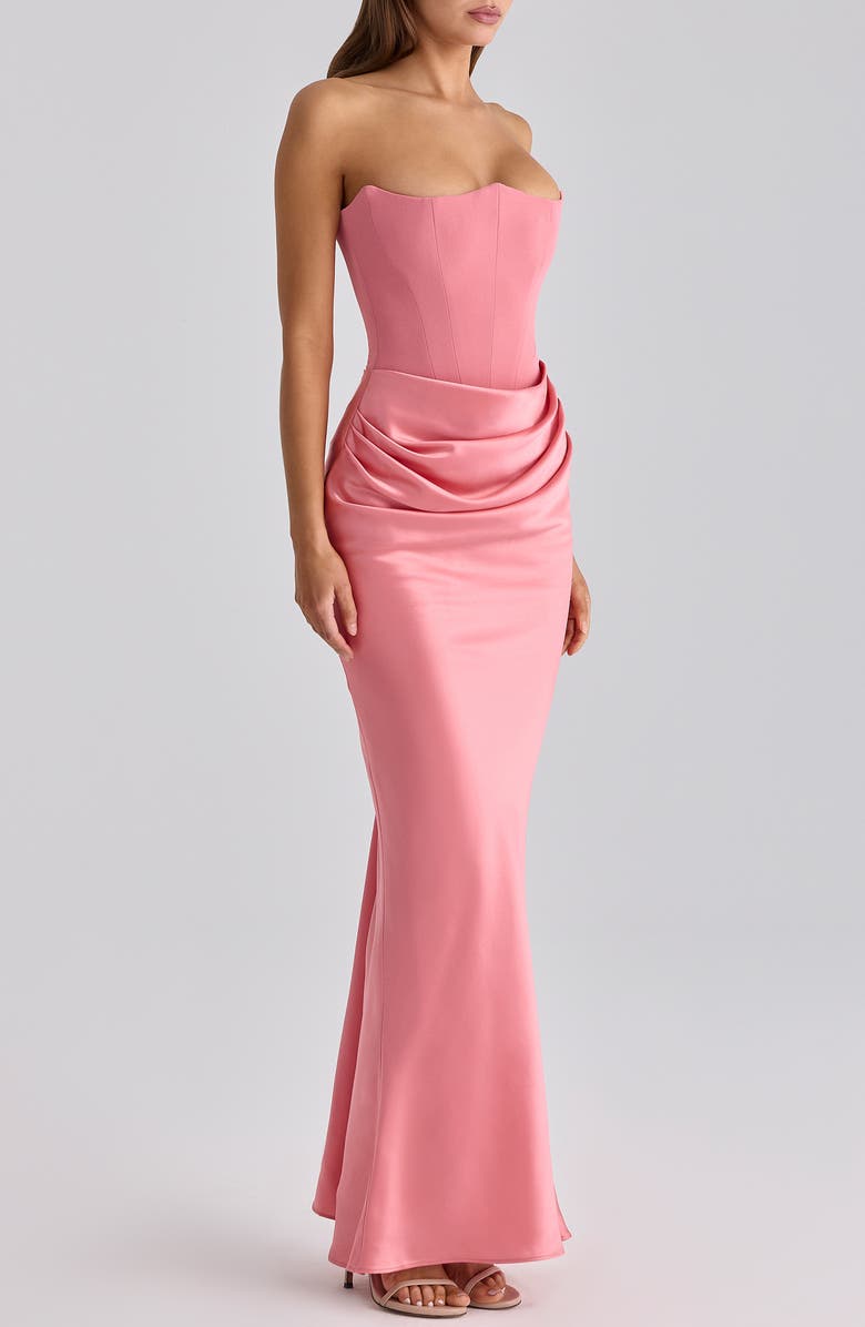 HOUSE OF CB Persephone Strapless Corset Satin & Stretch Crepe Mermaid Gown, Alternate, color, Raspberry