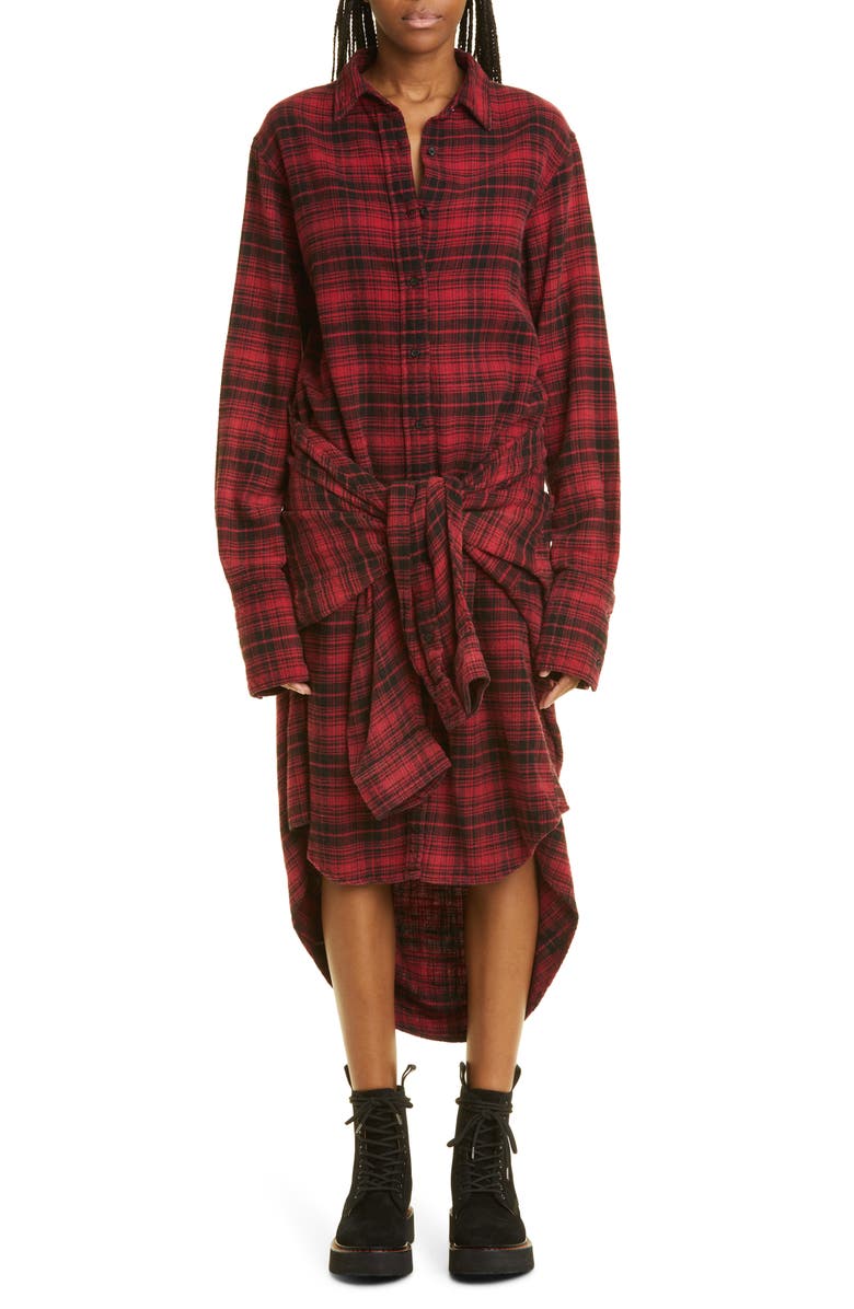 R13 Plaid Long Sleeve Cotton Flannel Tie Waist Shirtdress, Main, color, 