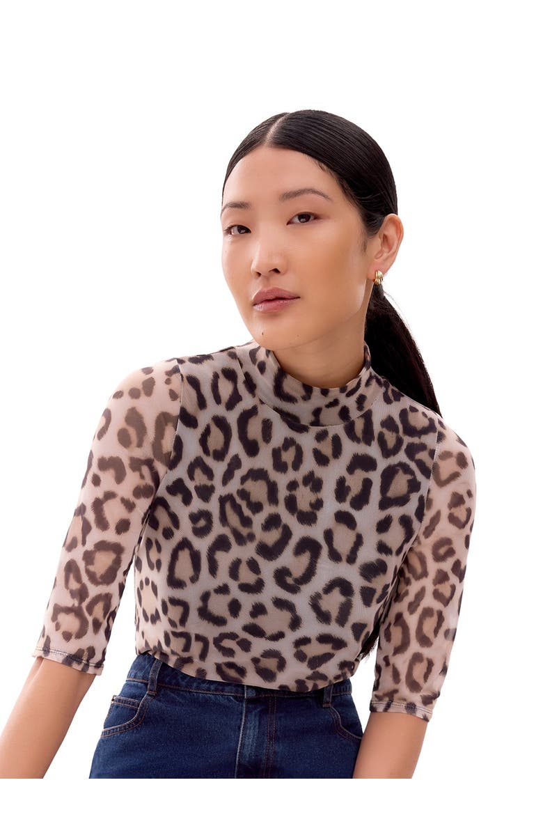 Ro&Zo Long Sleeve Print Mesh Top, Main, color, Brown