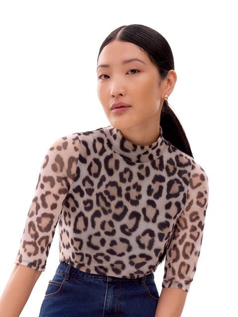 Long Sleeve Print Mesh Top