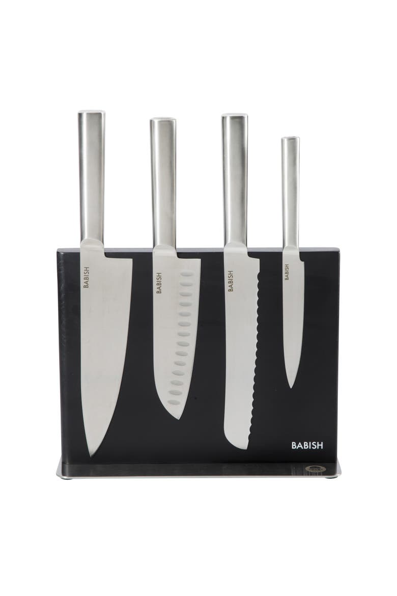 5-Piece German Steel Forged Knife Block Set with Magnetic Holder, Main, color, Silver