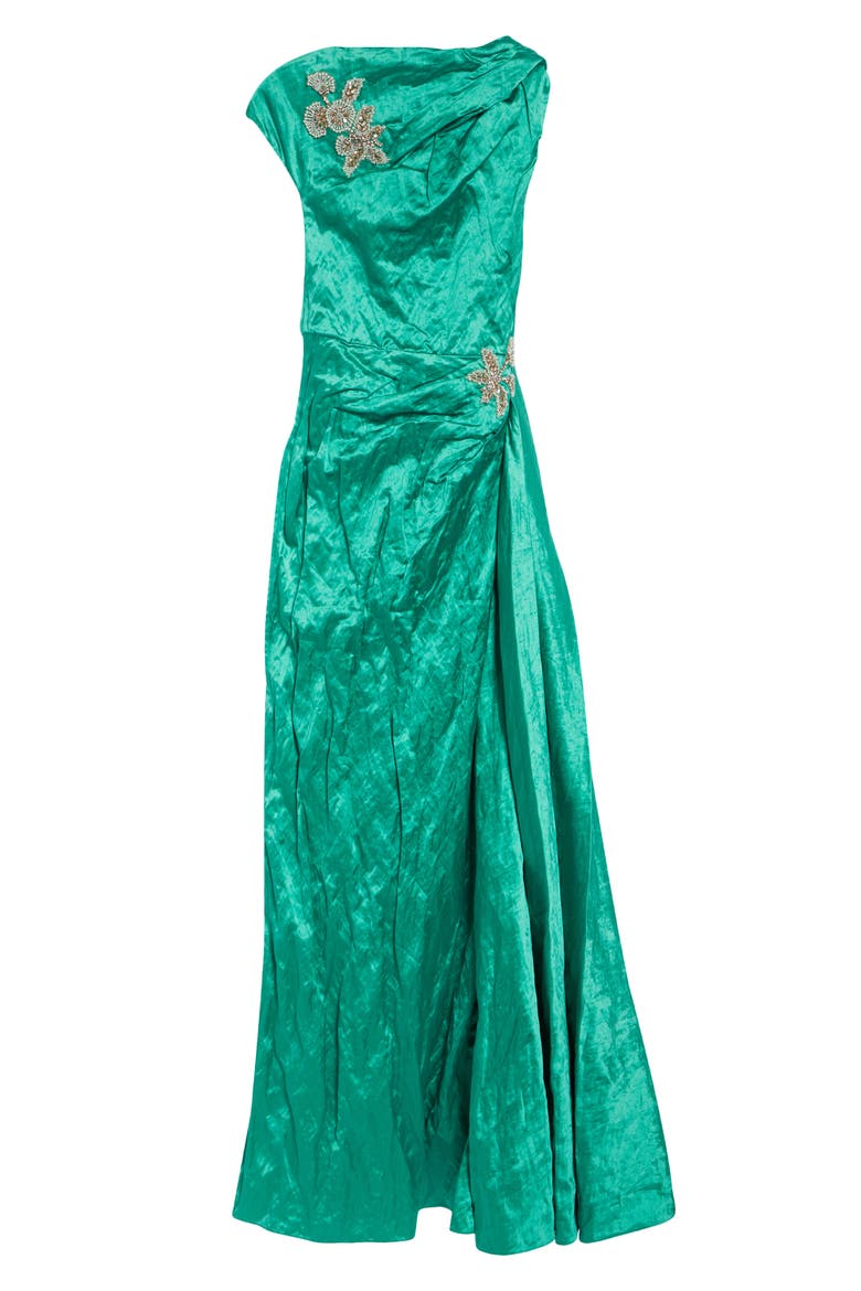 Embellished Asymmetric Crushed Satin Gown, Alternate, color, SEA GREEN
