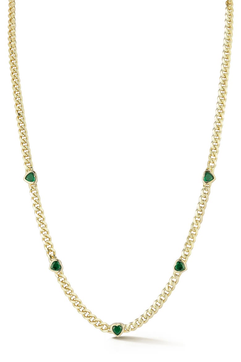 Cubic Zirconia Heart Station Curb Chain Necklace, Main, color, GOLD/GREEN