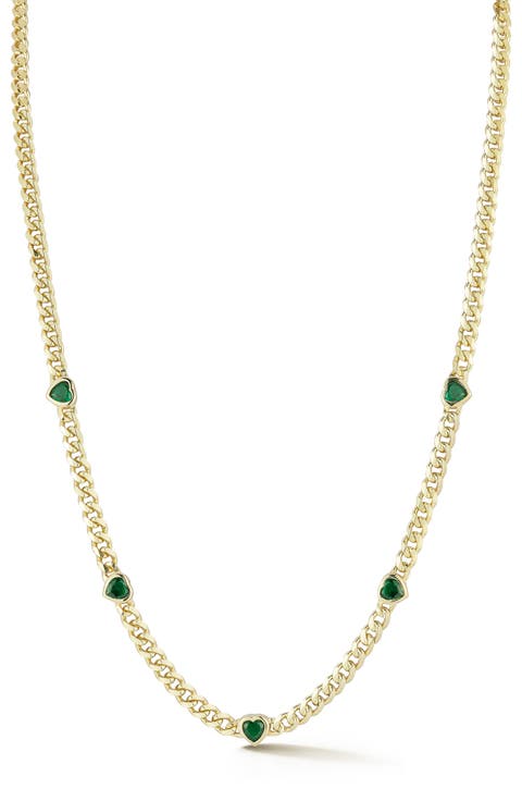 Cubic Zirconia Heart Station Curb Chain Necklace