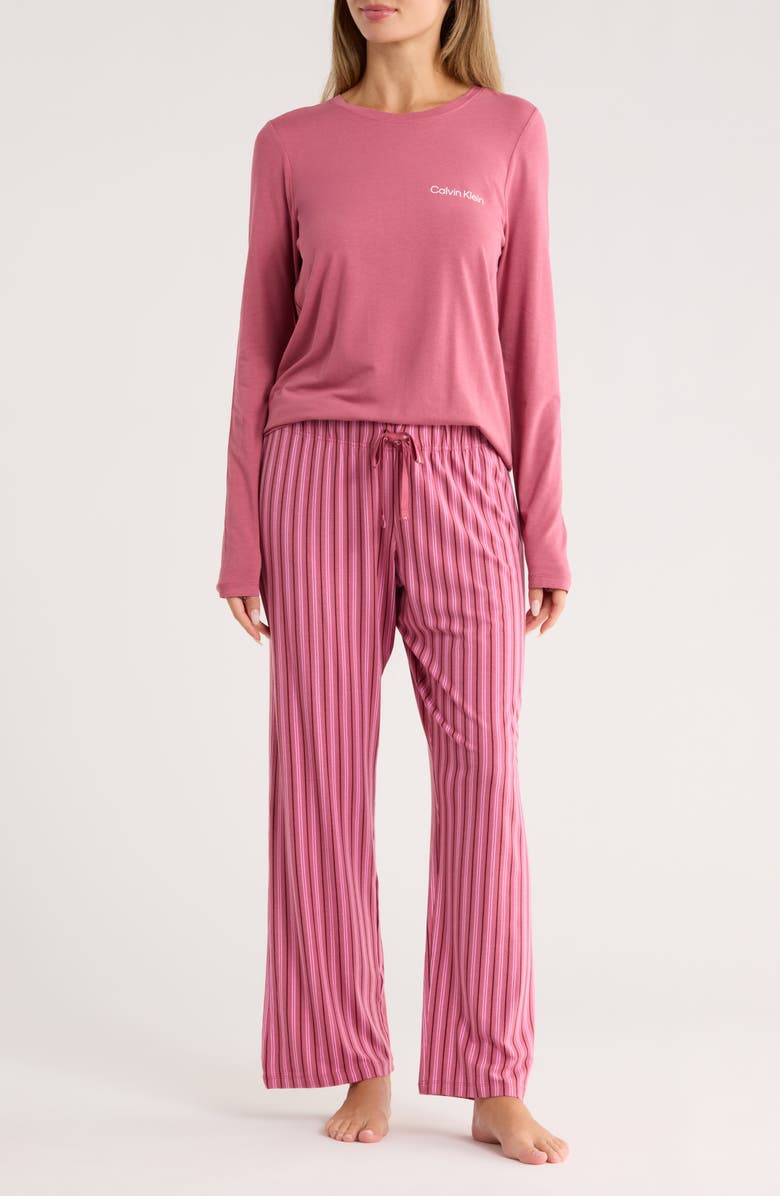 Calvin Klein Logo Long Pajamas, Main, color, Rose Wine/ Stripe