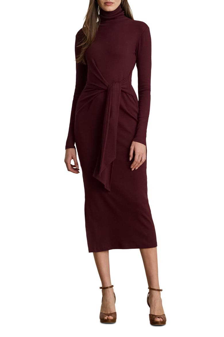Long Sleeve Turtleneck Tie Front Dress, Main, color, BURGUNDY