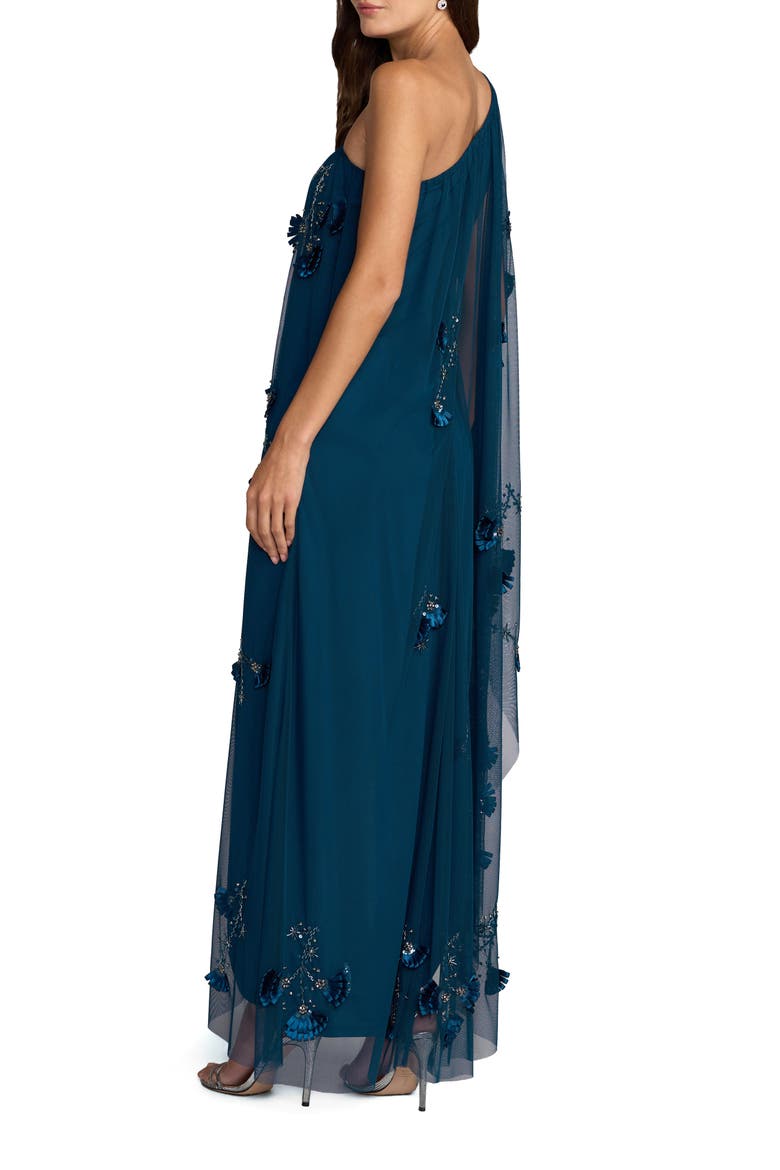 One Shoulder Asymmetrical Flower Detail Net Gown, Alternate, color, Twilight