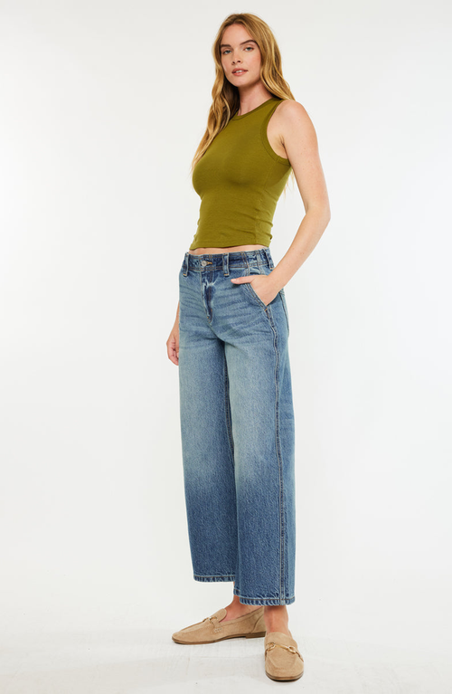 Kancan Bells Mid Rise Loose Barrel Jeans In Blue