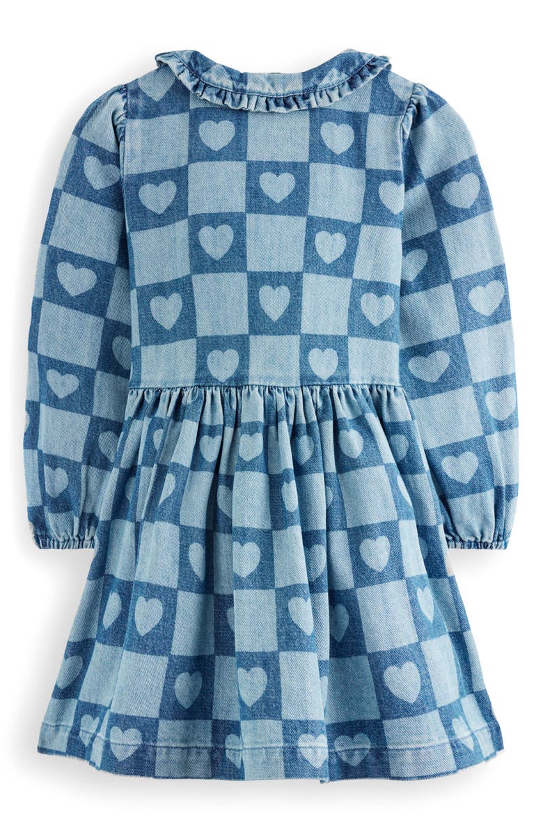 Mini Boden Kids' Heart Checks Print Long Sleeve Denim Shirtdress, Alternate, color, Denim Heart Stamp