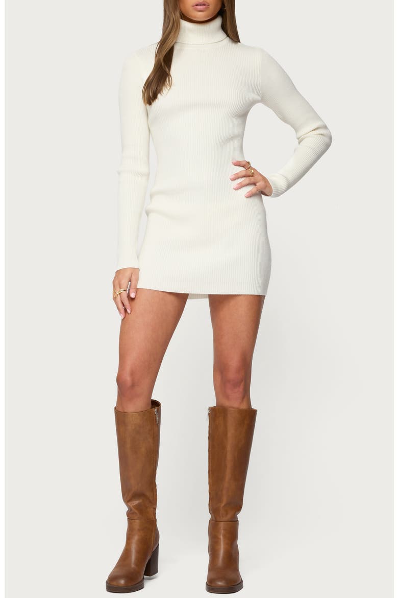 Turtleneck Long Sleeve Rib Sweater Minidress, Main, color, CREAM