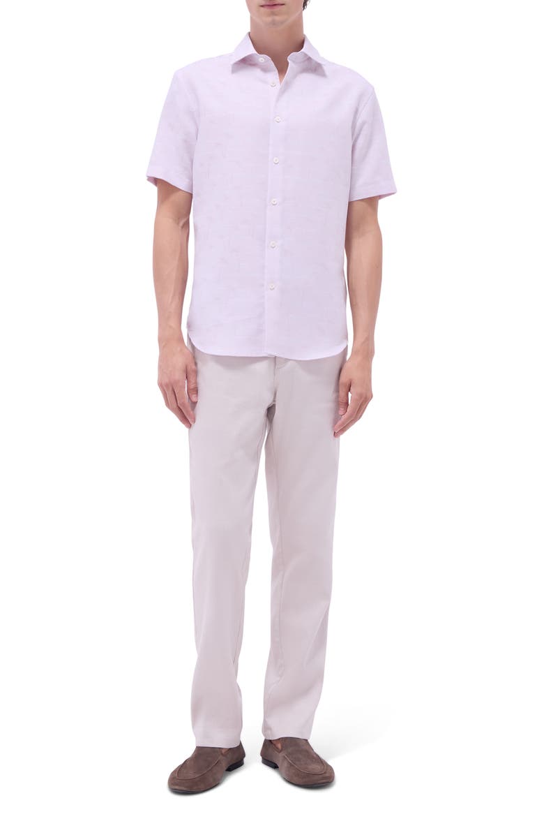 Bugatchi Orson Palm Tree Pattern Solid Short Sleeve Cotton & Linen Button-Up Shirt, Alternate, color, Dusty Pink