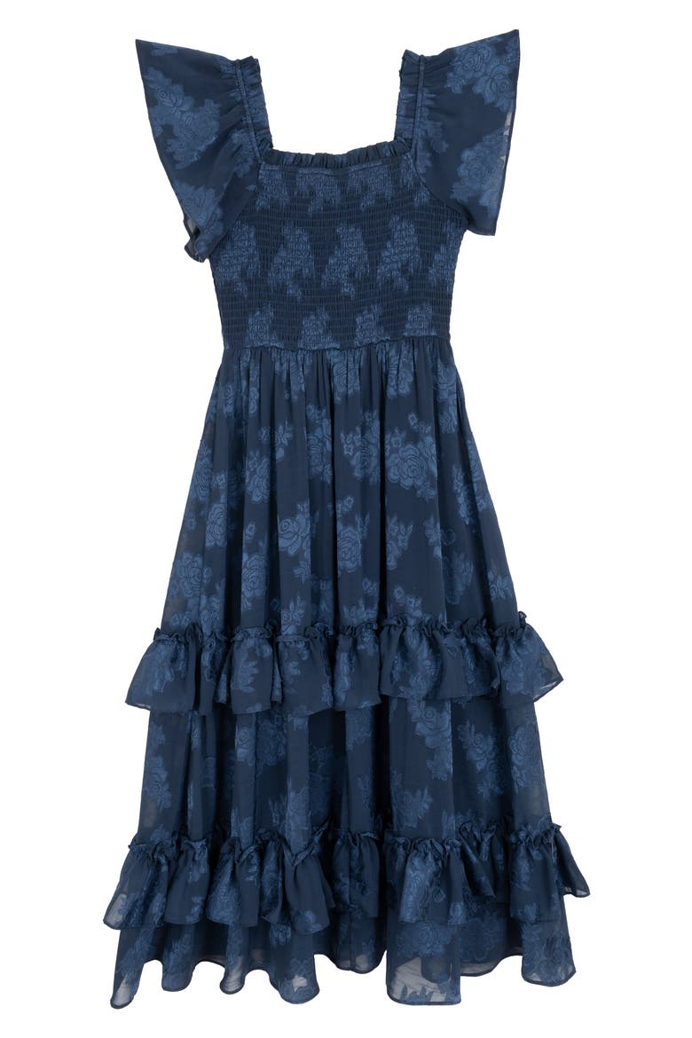 Kids' Burnout Floral Ruffle Sundress, Alternate, color, NAVY