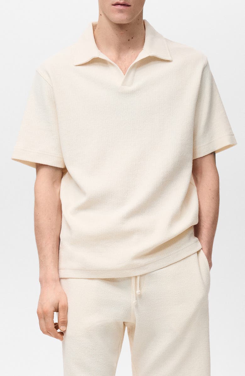 MANGO Johnny Collar Textured Cotton Blend Polo, Main, color, Ecru