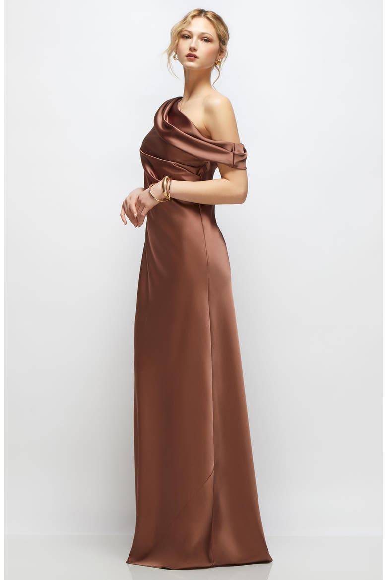 Draped One-Shoulder Satin Charmeuse Gown, Alternate, color, COGNAC