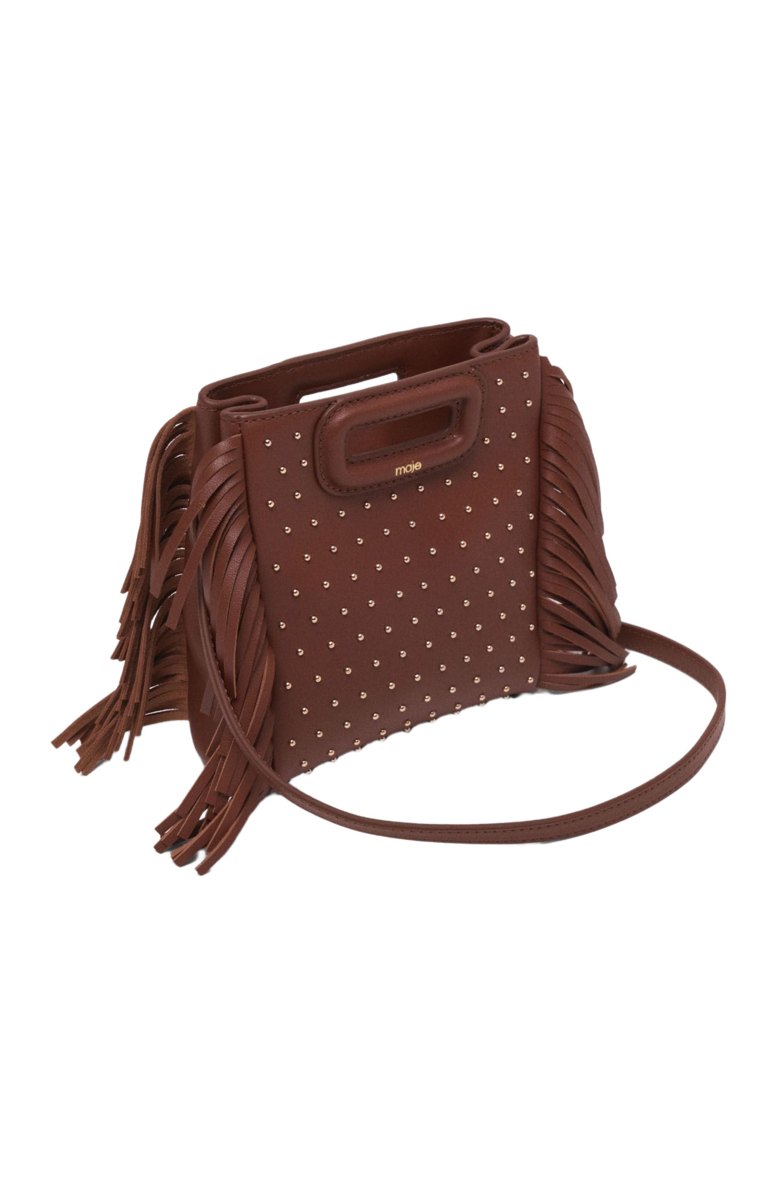 maje Leather M mini bag with studs, Alternate, color, Brown