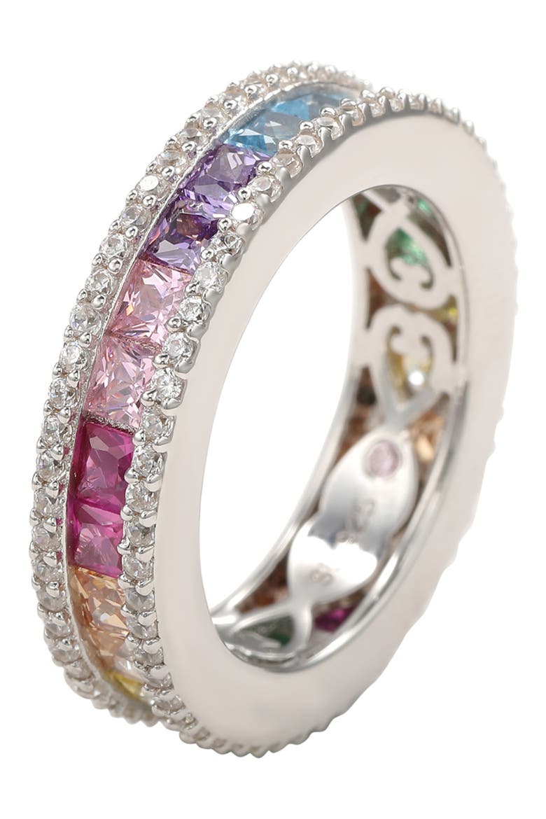 Sterling Silver Rainbow Princess Cut Cubic Zirconia Band Ring, Alternate, color, RAINBOW