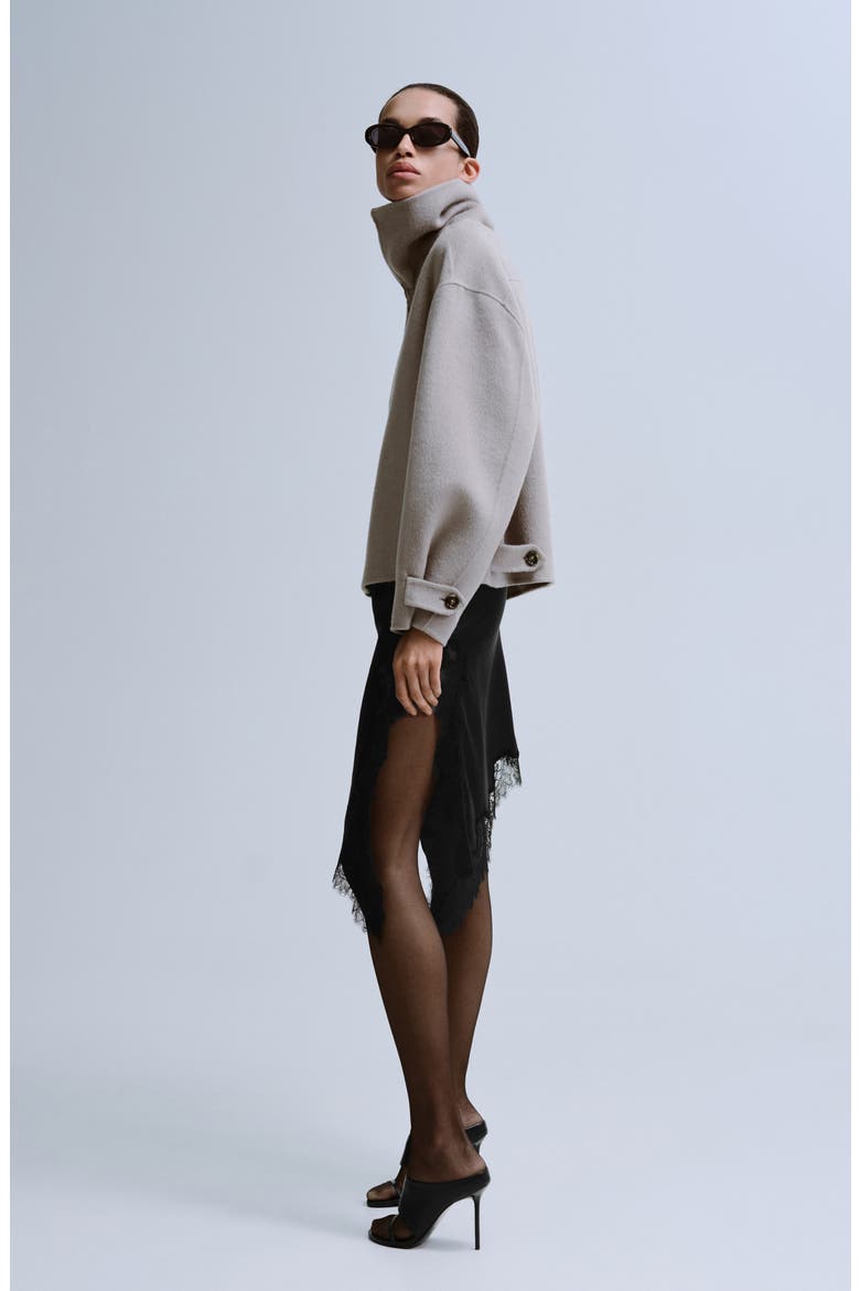 Asymmetric Satin & Lace Skirt, Alternate, color, BLACK