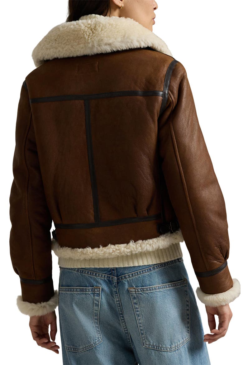 Genuine Shearling Trim Leather Aviator Jacket, Alternate, color, BROWN/ CREAM