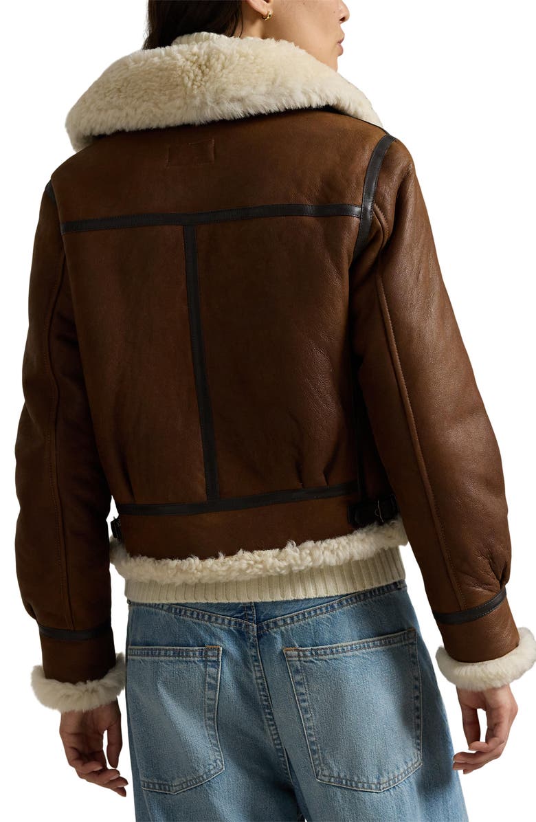 Polo Ralph Lauren Genuine Shearling Trim Leather Aviator Jacket, Alternate, color, Brown/ Cream
