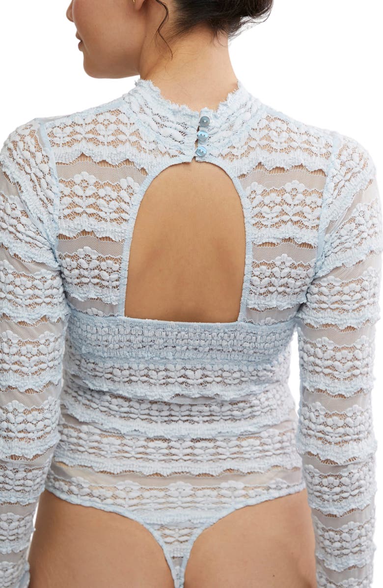 Free People Angelina Floral Lace Detail Bodysuit, Alternate, color, Ice Water