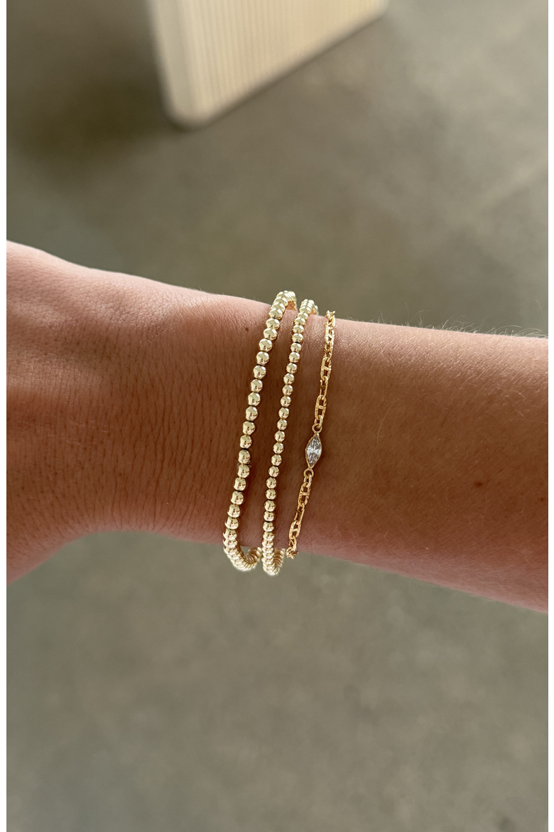 Marquise Bezel Dainty 14k Gold Filled Chain and Bead Bracelet Three Stack, Alternate, color, Gold