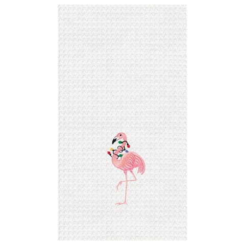 Pink Flamingo Christmas Lights Embroidered 100% Cotton Waffle Weave Dishtowel