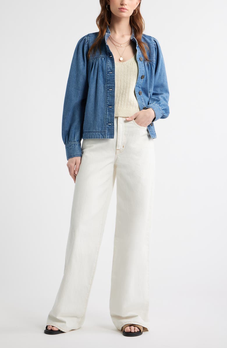 Treasure & Bond Gathered High Neck Denim Jacket, Alternate, color, Medium Wash