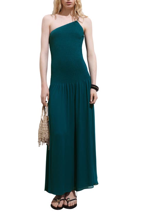 Asymmetric Smocked One-Shoulder Midi Dress