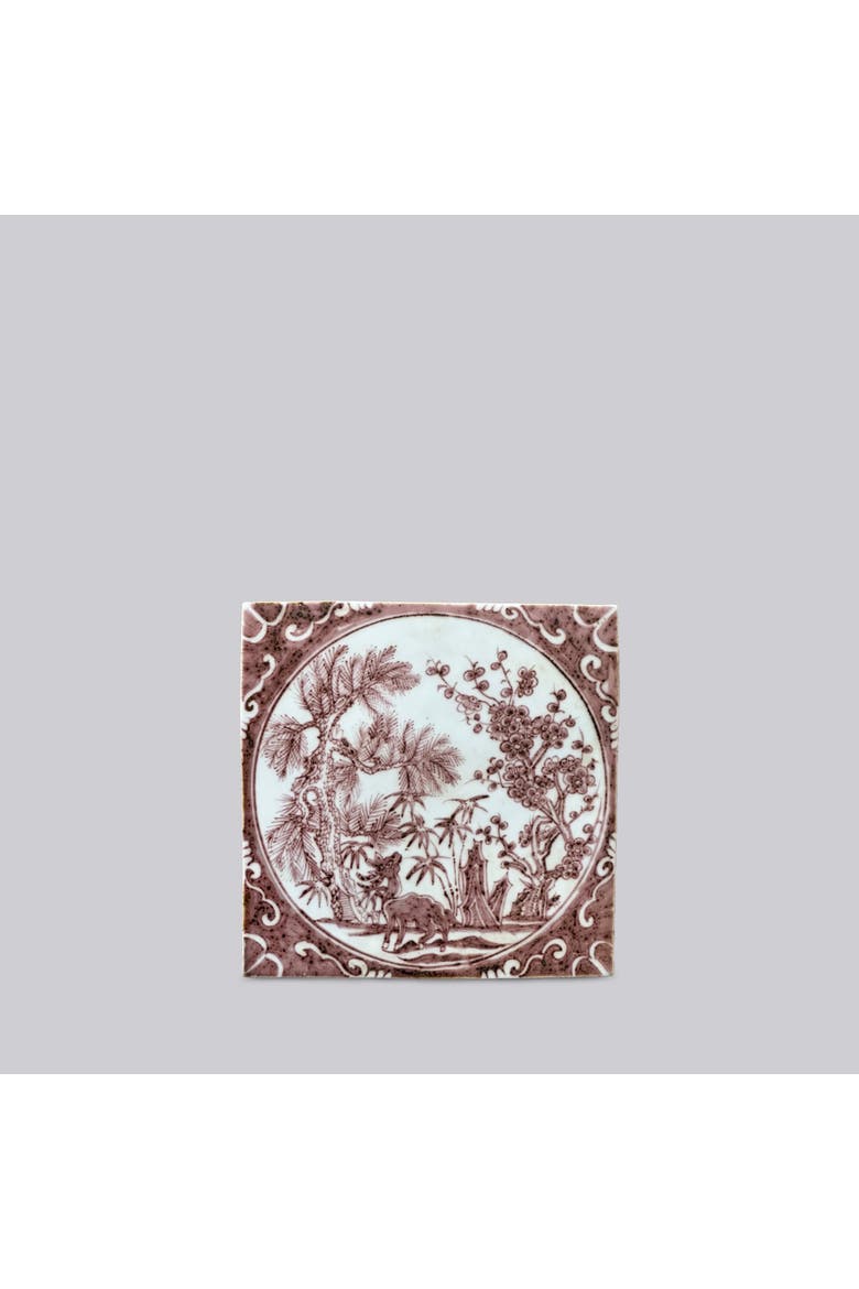 Hand Painted Porcelain Red and White Auspicious Deer Tile, Main, color, Red and White