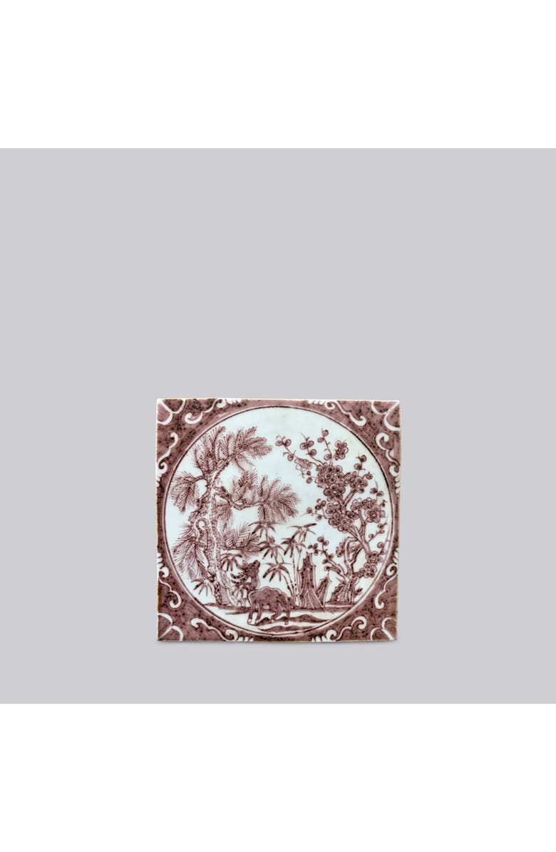 Cobalt Guild Hand Painted Porcelain Red and White Auspicious Deer Tile, Main, color, Red And White