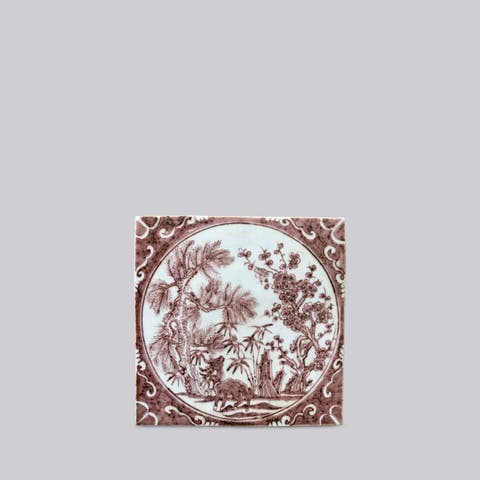 Hand Painted Porcelain Red and White Auspicious Deer Tile