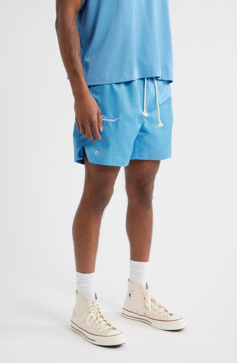 Elwood Olympic Embroidered Logo Nylon Shorts, Alternate, color, Sky Blue