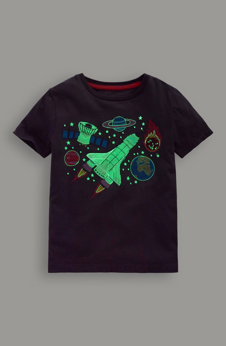 Mini Boden Kids' Spacecraft Embroidered Glow in the Dark T-Shirt, Alternate, color, 