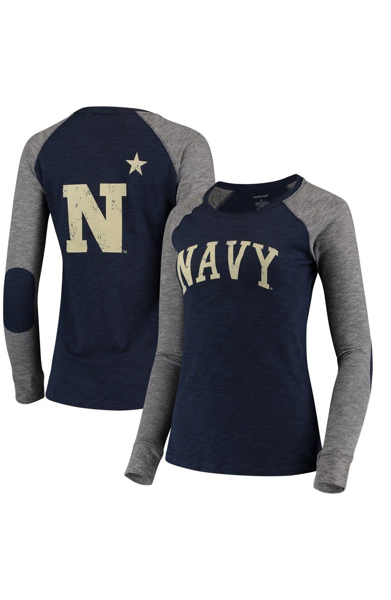 BOXERCRAFT Women's Navy/Gray Navy Midshipmen Preppy Elbow Patch 2-Hit Arch and Logo Long Sleeve T-Shirt, Main, color, 